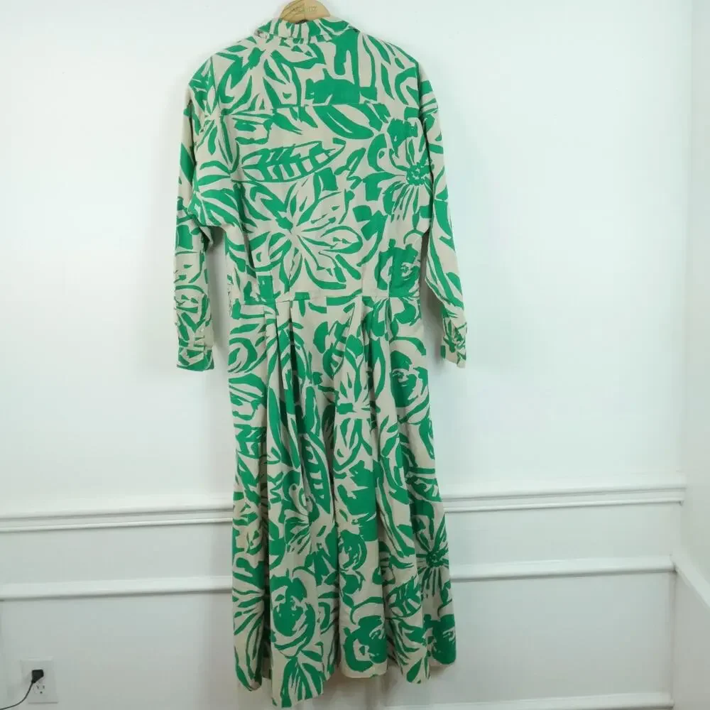 Vintage 80s Linen Blend Shirt Dress Modest Fit Flare 12 Resort Tropical Retro - Picture 11 of 12